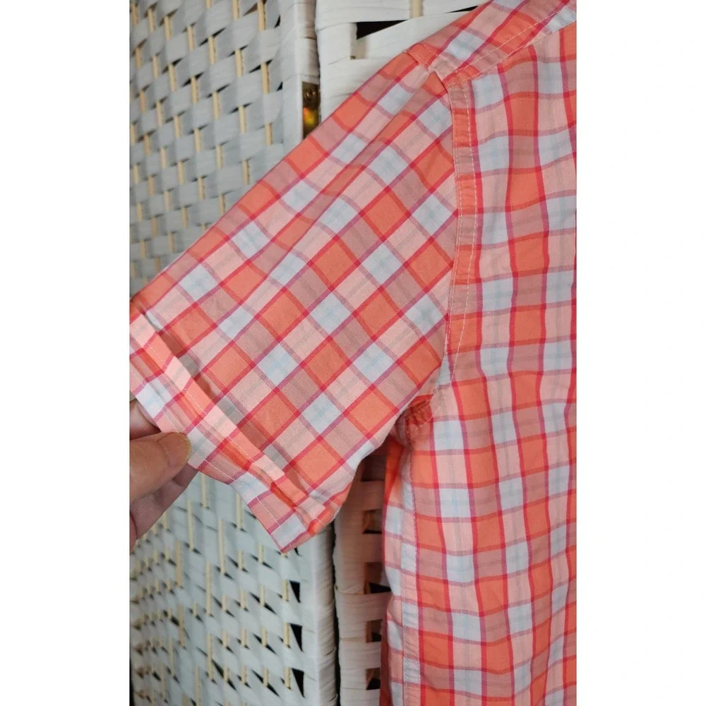 Nautica Boys Short Sleeve Button Up Shirt Orange & White Check L (14-16) Preppy